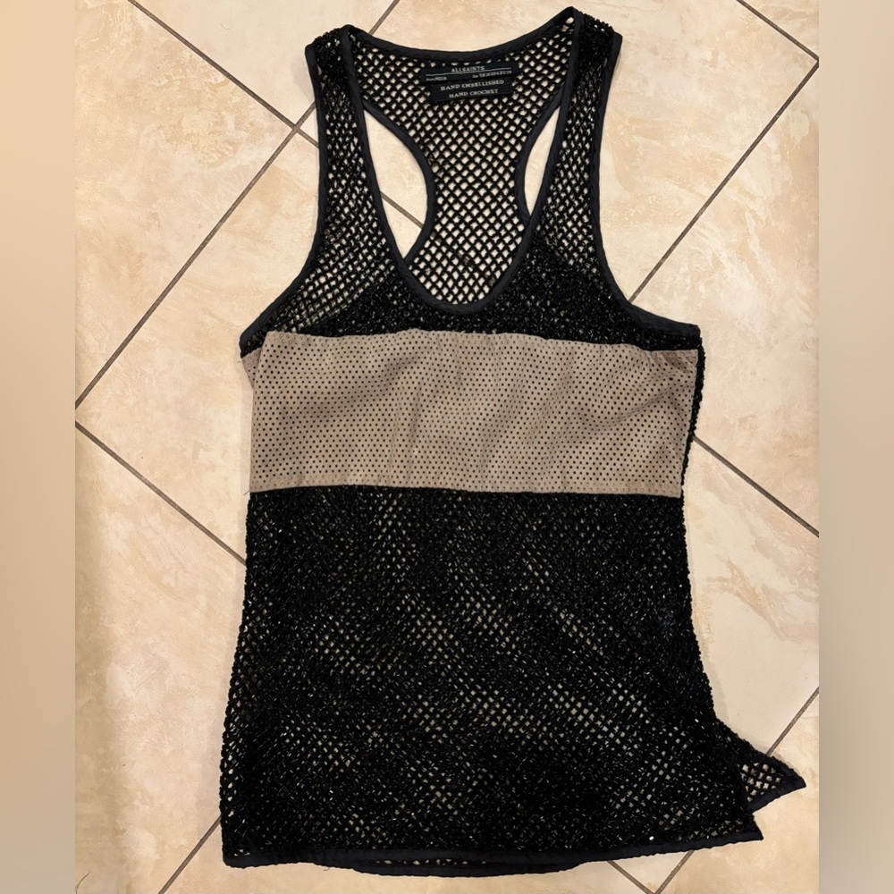 All Saints Beaded Tank Top suede detailing. Edgy flattering small racerback